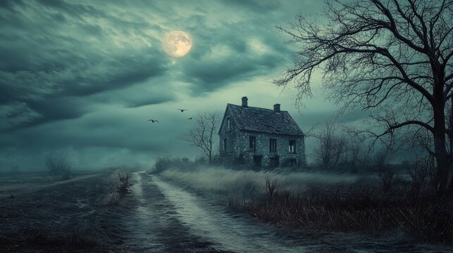 An old, abandoned house sits on a dirt road in a foggy field under a full moon.
