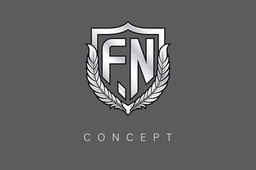 FN Creative Initial Letter Logo with Shield and Laurel Wreath Silver Metallic Branding Emblem on Gray Background.