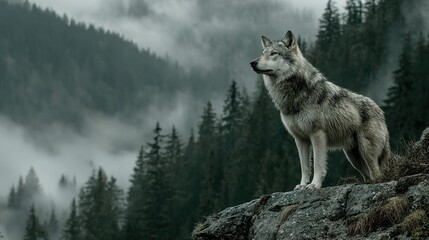 Wolf stands on a rocky ledge overlooking a misty forest landscape.