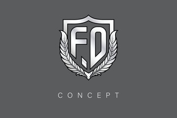 FO Creative Initial Letter Logo with Shield and Laurel Wreath Silver Metallic Branding Emblem on Gray Background.