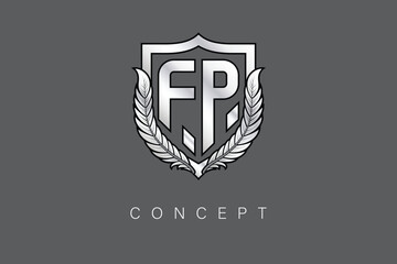 Fototapeta premium FP Creative Initial Letter Logo with Shield and Laurel Wreath Silver Metallic Branding Emblem on Gray Background.