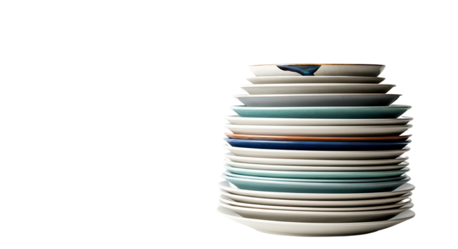 Stacked Ceramic Plates With Various Designs, Ready for Dining or Display