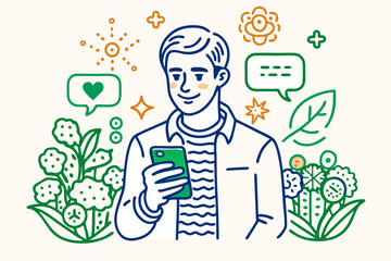 Young man smiling while using smartphone surrounded by nature and communication icons, modern digital connection