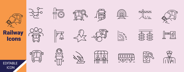 Various monochrome railway themed icons demonstrate different transportation and related scenarios with transparent background
