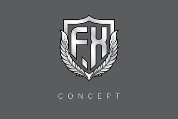 FX Creative Initial Letter Logo with Shield and Laurel Wreath Silver Metallic Branding Emblem on Gray Background.