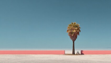 Solitary palm tree by a pink wall against a clear blue sky