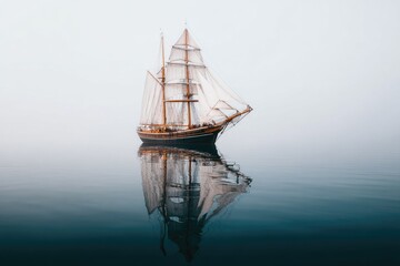 Fototapeta premium A majestic sailing ship glides serenely across calm waters, its reflection mirroring its beauty in the tranquil mist
