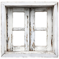 Rustic white wooden window frame with peeling paint against black background