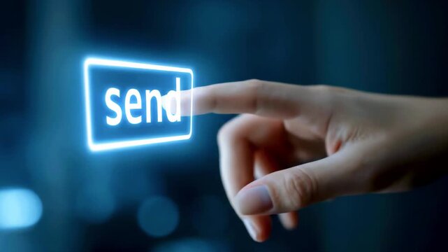 Hand reaching towards a glowing send button in a digital environment, symbolizing communication