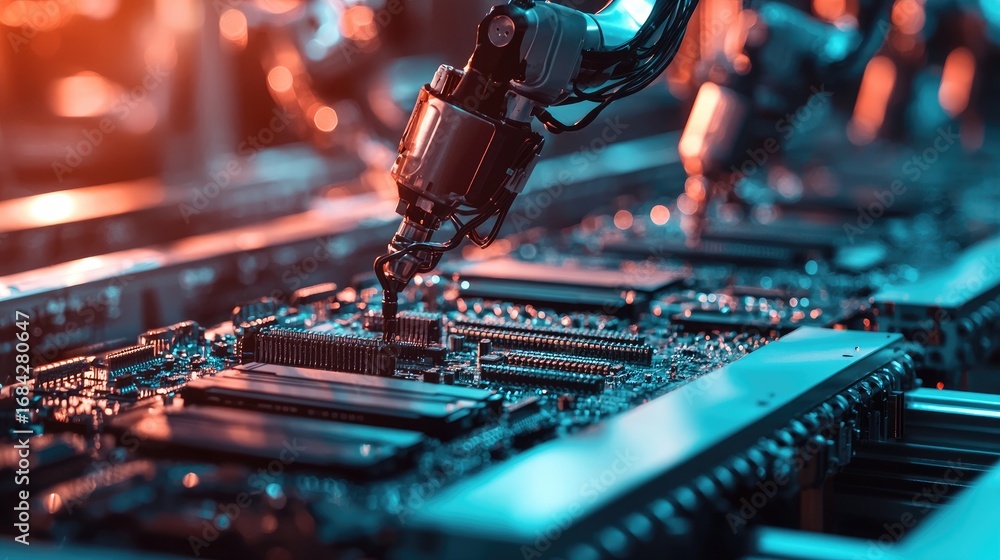 Poster robotic arm assembling circuit board in automated factory.