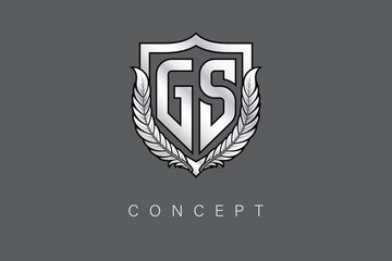 GS Creative Initial Letter Logo with Shield and Laurel Wreath Silver Metallic Branding Emblem on Gray Background.