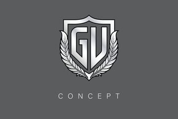 GU Creative Initial Letter Logo with Shield and Laurel Wreath Silver Metallic Branding Emblem on Gray Background.