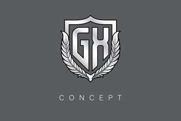 Fototapeta premium GX Creative Initial Letter Logo with Shield and Laurel Wreath Silver Metallic Branding Emblem on Gray Background.