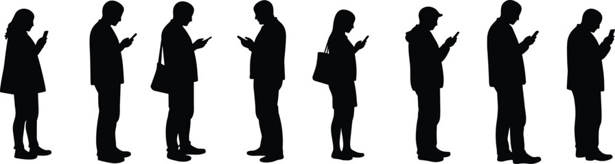Group of diverse people silhouettes standing in a row using smartphones, digital communication, mobile technology addiction, social media interaction concept.