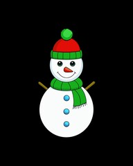 Cartoon Snowman with Red Hat and Green Scarf on Black Background for Christmas