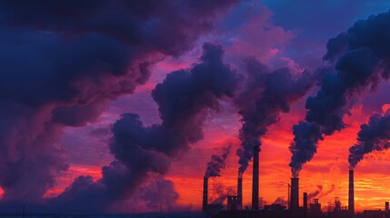 Obraz premium Dark, ominous clouds of pollution billow from factory smokestacks against a fiery sunset.