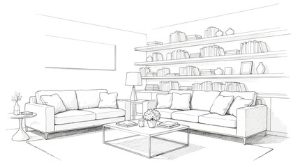 Fototapeta premium Minimalist interior design illustration with sofa and bookcase style