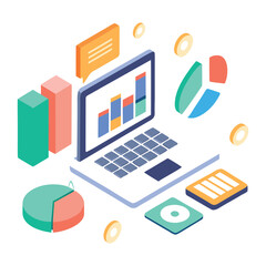 Isometric illustration of a laptop displaying a financial chart with various data visualization elements like pie charts and bar graphs representing business analytics and digital strategy
