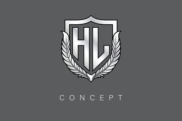 HL Creative Initial Letter Logo with Shield and Laurel Wreath Silver Metallic Branding Emblem on Gray Background.