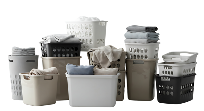 A variety of laundry baskets and hampers in different sizes and neutral colors, neatly arranged with clean folded linens symbolizing home organization and domestic chores