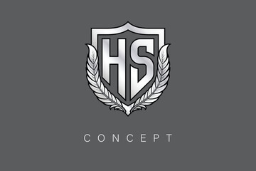HS Creative Initial Letter Logo with Shield and Laurel Wreath Silver Metallic Branding Emblem on Gray Background.