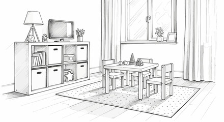 Playroom with Small Table Set and Shelving Unit in Black and White Sketch