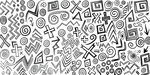 Abstract black and white hand drawn geometric shapes and patterns background