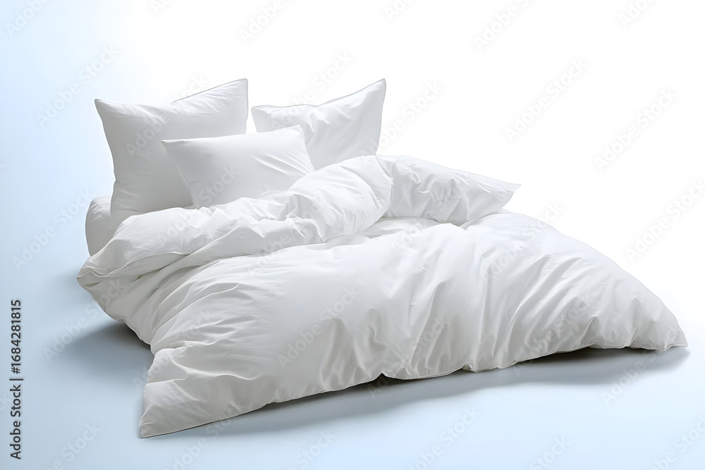 Poster cozy white bedding set featuring plush pillows and a comforter, creating a serene and inviting atmos