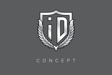 ID Creative Initial Letter Logo with Shield and Laurel Wreath Silver Metallic Branding Emblem on Gray Background.