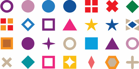 A colorful collection of geometric shapes and symbols on a white background