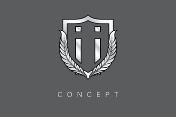 II Creative Initial Letter Logo with Shield and Laurel Wreath Silver Metallic Branding Emblem on Gray Background.