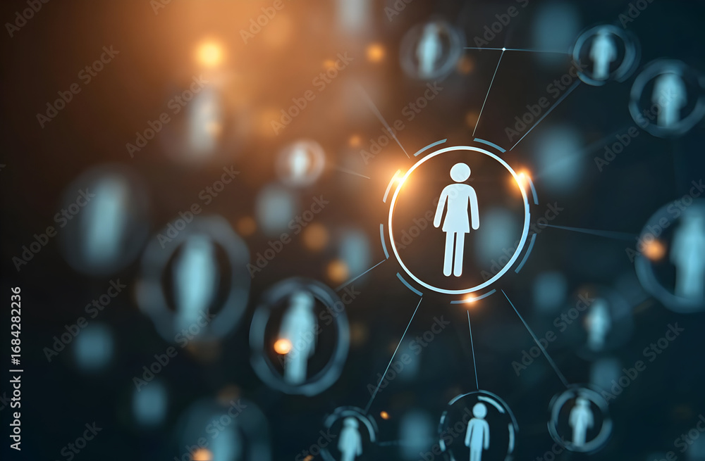 Poster abstract representation of digital network connections with human figures symbolizing social interac