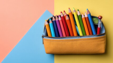 Fototapeta premium Stationery flat lay minimalist design with colorful pencil cases and plenty of colored pencils on bright flat background