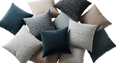 A comfortable and stylish arrangement of various decorative throw pillows in shades of blue and grey, showcasing different textures for modern home interiors