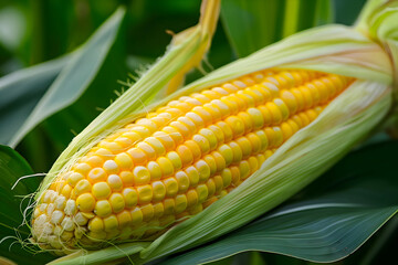 Corn cob between green leaves, golden yellow kernels