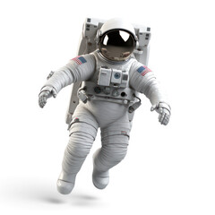 A astronaut in space suit with American flag patches on arms, floating in zero gravity.