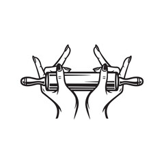 hand drawn illustration of hand holding rolling pin outline sketch