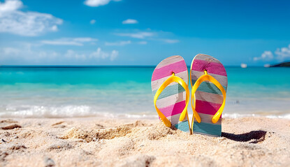 Obraz premium Colorful flip-flops on sandy beach with turquoise water and clear blue sky creating a vibrant summer vibe.