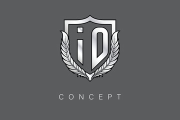 ID Creative Initial Letter Logo with Shield and Laurel Wreath Silver Metallic Branding Emblem on Gray Background.