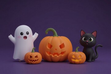 Cute Halloween Ghost, Cat, Pumpkins on Purple