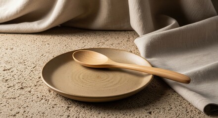 Culinary Minimalism: A simple, elegant arrangement featuring a ceramic plate and a wooden spoon, enhanced by textured linen.