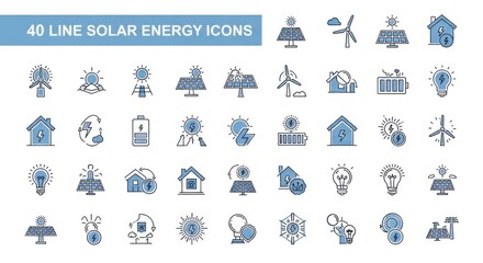 Collection of forty clean line art solar energy icons for eco friendly projects