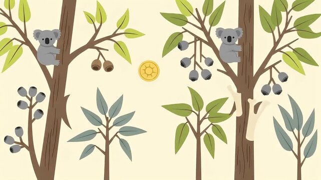 Adorable koalas climbing trees in playful animated forest scene for children's content creation
