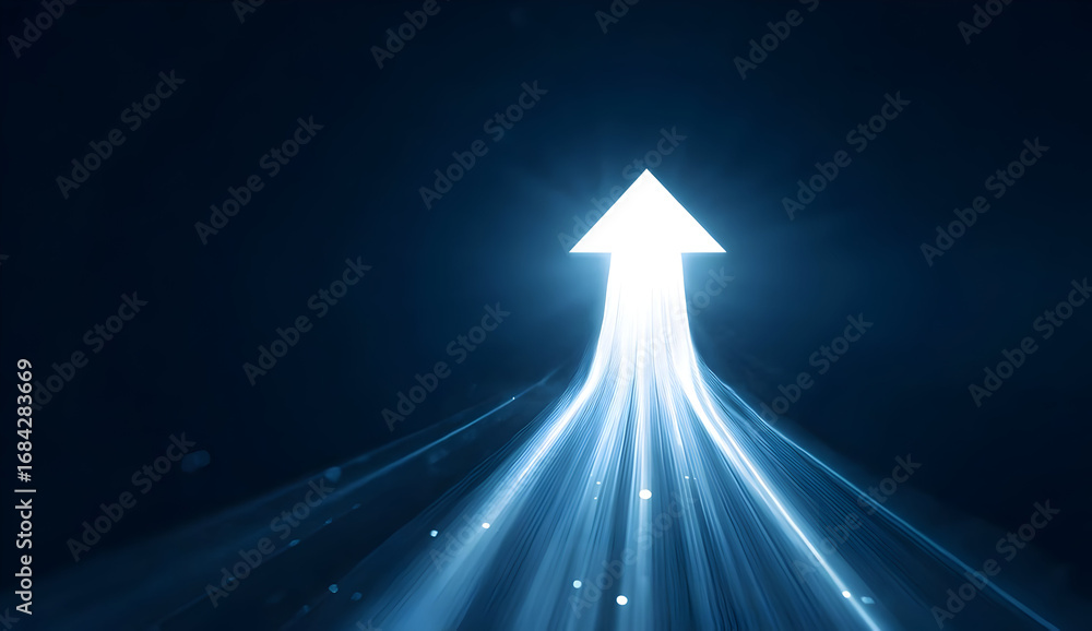 Poster an abstract representation of progress with an upward arrow illuminated by vibrant light beams in a 
