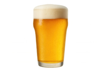 Frosty beer pouring into glass, droplets glistening, foamy head rising, crisp refreshment captured against clear backdrop