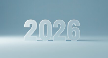 3D Render of 2026: Frosted Numbers on Blue Background, Future Concept.