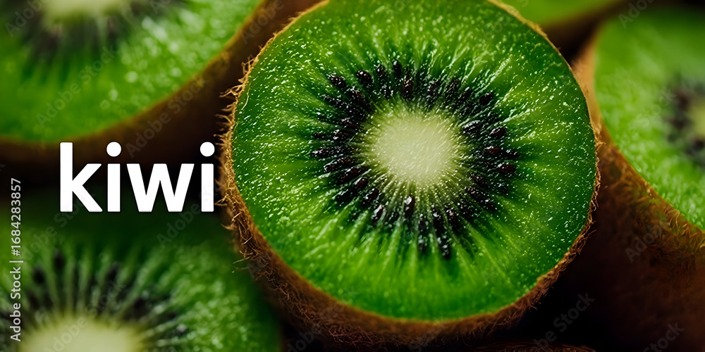 Poster close-up view of sliced kiwi showing vibrant green color and unique texture, perfect for fresh and h
