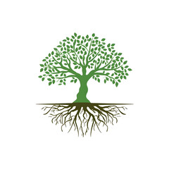 A vibrant green tree with deep roots, symbolizing growth, strength, and connection to nature.