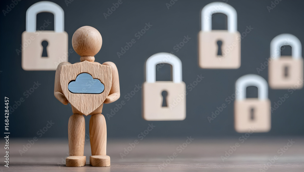Poster a wooden figure holds a shield with a cloud, symbolizing digital security and privacy in the cloud c