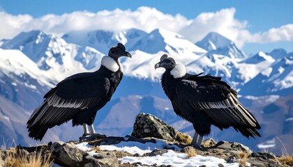 Two Andean condors stand sentinel atop a snowy mountain peak, their black plumage contrasting beautifully with the white snow and blue sky.